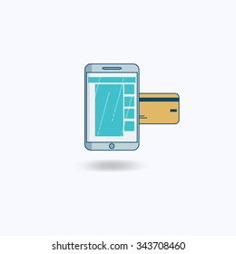 Touchscreen device with credit card, electronic payments concept. Vector illustration.