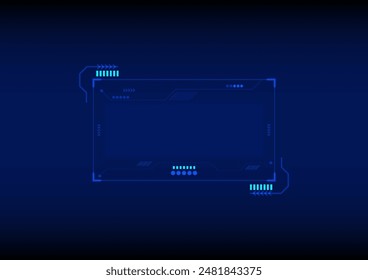 The touchscreen display is futuristic on a blue high-tech abstract background. Technology product frame. Cyberspace dashboard. For video games. Sci-fi design.  


