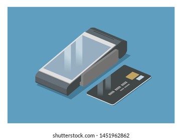 touchscreen EDC machine with credit card, simple isometric illustration