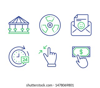 Touchscreen gesture, 24h delivery and Carousels line icons set. Smile, Chemical hazard and Payment click signs. Zoom out, Stopwatch, Attraction park. Positive mail. Technology set. Vector