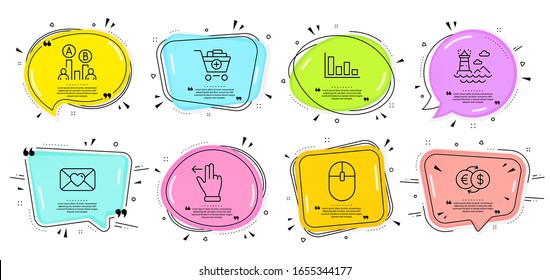 Touchscreen gesture, Add products and Ab testing signs. Speech bubbles with quotes. Lighthouse, Computer mouse and Valentine line icons set. Money exchange, Histogram symbols. Vector