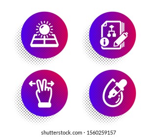 Touchscreen gesture, Algorithm and Sun energy icons simple set. Halftone dots button. Eye drops sign. Swipe, Project, Solar panels. Pipette. Business set. Classic flat touchscreen gesture icon. Vector