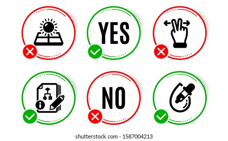 Touchscreen gesture, Algorithm and Sun energy icons simple set. Yes no check box. Eye drops sign. Swipe, Project, Solar panels. Pipette. Business set. Touchscreen gesture icon. Check mark. Vector