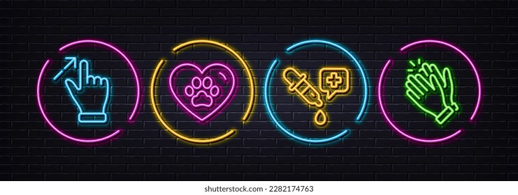 Touchscreen gesture, Chemistry pipette and Pets care minimal line icons. Neon laser 3d lights. Clapping hands icons. For web, application, printing. Swipe, Laboratory, Love animals. Clap. Vector