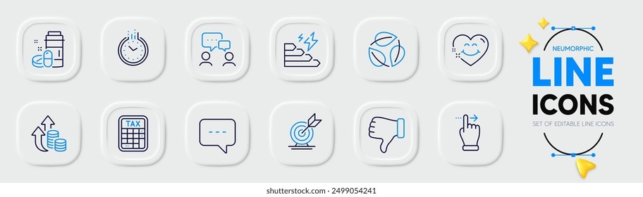 Touchscreen gesture, Consumption growth and Tax calculator line icons for web app. Pack of Inflation, Dislike hand, Smile face pictogram icons. People chatting, Blog, Medical drugs signs. Vector