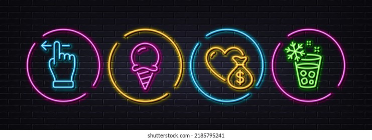 Touchscreen gesture, Donation and Ice cream minimal line icons. Neon laser 3d lights. Ice maker icons. For web, application, printing. Slide left, Fundraising, Sundae cone. Neon lights buttons. Vector