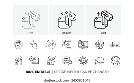 Gesto de pantalla táctil, Ingeniería e iconos de línea de caja de cartón. Paquete de herramienta de recuperación, auriculares, icono de cita de vacunación. Inteligencia artificial, advertencia de Internet, pictograma de estrellas de Ranking. Vector