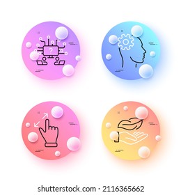 Touchscreen gesture, Engineering and Lightweight minimal line icons. 3d spheres or balls buttons. Teamwork question icons. For web, application, printing. Zoom in, Cogwheel head, Feather nib. Vector