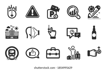 Touchscreen gesture, Face id and Feedback icons simple set. Metro subway, Project edit and Idea lamp signs. Airport transfer, Scroll down and Portfolio symbols. Flat icons set. Vector