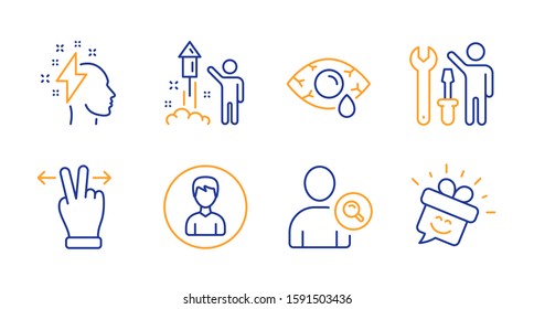 Touchscreen gesture, Find user and Fireworks line icons set. Ð¡onjunctivitis eye, Brainstorming and Person signs. Repairman, Smile symbols. Swipe, Search person. People set. Vector