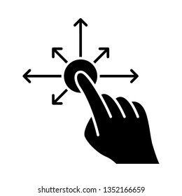 Touchscreen gesture glyph icon. Tap, point, click, drag gesturing. Drag finger all directions. Human hand. Using sensory devices. Silhouette symbol. Negative space. Vector isolated illustration