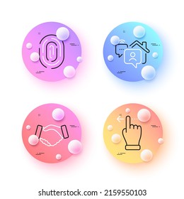 Touchscreen gesture, Handshake and Work home minimal line icons. 3d spheres or balls buttons. Fingerprint icons. For web, application, printing. Slide left, Deal hand, Freelance work. Vector