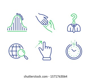 Touchscreen gesture, Helping hand and Hiring employees line icons set. Roller coaster, Web search and Time signs. Swipe, Give gesture, Human resources. Attraction park. Business set. Vector