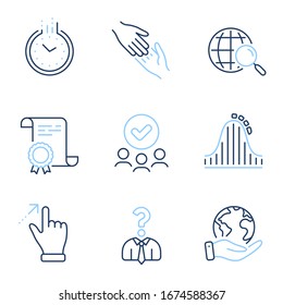 Touchscreen gesture, Helping hand and Hiring employees line icons set. Diploma certificate, save planet, group of people. Roller coaster, Web search and Time signs. Vector