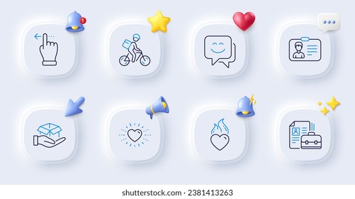 Gesto de pantalla táctil, cuadro de espera e iconos de línea de vacaciones. Botones con timbre 3d, discurso de chat, cursor. Paquete de Corazón, Llama al Corazón, Icono de la cara Sonrisa. Bicicleta de entrega, pictograma de tarjeta de identificación. Vector