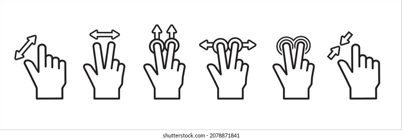 Touchscreen Gesture Icon. Hand Finger Touch Screen Gesture Vector Icons Set. Contain Symbol Such As Pinch Up, Two Finger Tap, Click And Hold, Drag And Slide, Double Press, Multiple Touch.