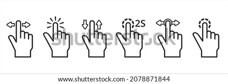 Touchscreen gesture icon. Hand finger touch screen gesture vector icons set. Contain symbol such as pinch up, two finger tap, click and hold, drag and slide, double press, multiple touch.