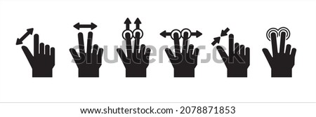 Touchscreen gesture icon. Hand finger touch screen gesture vector icons set. Contain symbol such as pinch up, two finger tap, click and hold, drag and slide, double press, multiple touch.