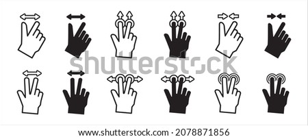 Touchscreen gesture icon. Hand finger touch screen gesture vector icons set. Contain symbol such as pinch up, two finger tap, click and hold, drag and slide, double press, multiple touch.