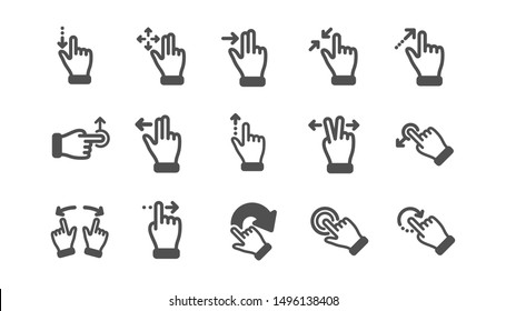 Touchscreen gesture icons. Hand swipe, Slide gesture, Multitasking icons. Touchscreen technology, tap on screen, drag and drop. Classic set. Quality set. Vector