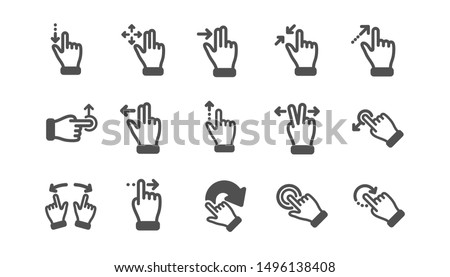 Touchscreen gesture icons. Hand swipe, Slide gesture, Multitasking icons. Touchscreen technology, tap on screen, drag and drop. Classic set. Quality set. Vector