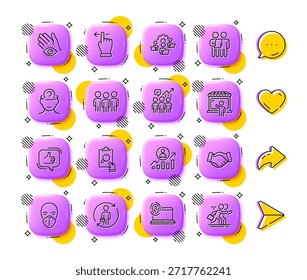 Gesto de pantalla táctil, Inspeccionar y Agrupar iconos de línea. App 3D Botones. Los medios sociales comentan, comparten, les gustan los iconos. Paquete de trabajo en equipo, escalera de carrera, icono de psicología. Vector