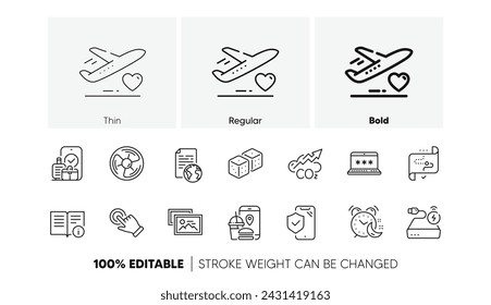 Touchscreen gesture, Internet document and Phone insurance line icons. Pack of Co2, Dice, Carry-on baggage icon. Technical info, Target path, Alarm pictogram. Air fan, Power bank. Line icons. Vector
