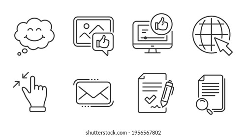 Touchscreen gesture, Like video and Messenger mail line icons set. Smile, Like photo and Approved agreement signs. Search file, Internet symbols. Zoom out, Thumbs up, New e-mail. Vector