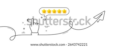 Touchscreen gesture line icon. Continuous line with share plane. Slide left arrow sign. Swipe action symbol. Five star rate review in speech bubble. Touchscreen gesture single line ribbon. Vector