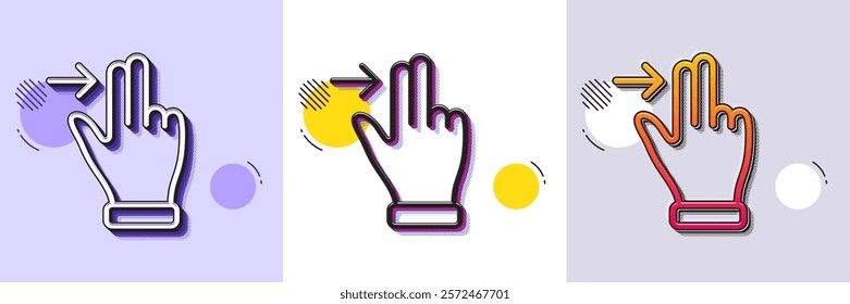 Touchscreen gesture line icon. Halftone dotted pattern. Gradient icon with grain shadow. Slide right arrow sign. Swipe action symbol. Line touchscreen gesture icon. Various designs. Vector