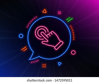 Touchscreen gesture line icon. Neon laser lights. Click hand sign. Push action symbol. Glow laser speech bubble. Neon lights chat bubble. Banner badge with touchscreen gesture icon. Vector