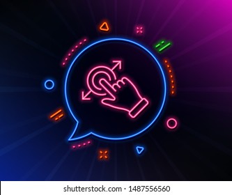Touchscreen gesture line icon. Neon laser lights. Drag and drop arrow sign. Swipe action symbol. Glow laser speech bubble. Neon lights chat bubble. Banner badge with touchscreen gesture icon. Vector