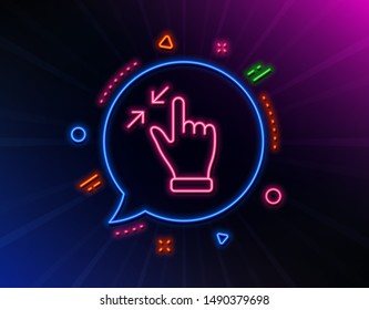 Touchscreen gesture line icon. Neon laser lights. Zoom out sign. Action arrows symbol. Glow laser speech bubble. Neon lights chat bubble. Banner badge with touchscreen gesture icon. Vector