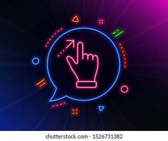 Touchscreen gesture line icon. Neon laser lights. Slide arrow sign. Swipe action symbol. Glow laser speech bubble. Neon lights chat bubble. Banner badge with touchscreen gesture icon. Vector