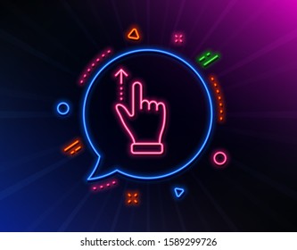 Touchscreen gesture line icon. Neon laser lights. Slide up arrow sign. Swipe action symbol. Glow laser speech bubble. Neon lights chat bubble. Banner badge with touchscreen gesture icon. Vector