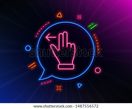 Touchscreen gesture line icon. Neon laser lights. Slide left arrow sign. Swipe action symbol. Glow laser speech bubble. Neon lights chat bubble. Banner badge with touchscreen gesture icon. Vector