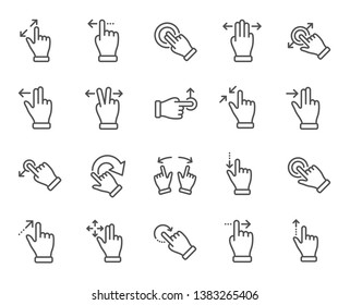 Touchscreen gesture line icons. Hand swipe, Slide gesture, Multitasking icons. Touchscreen technology, tap on screen, drag and drop. Smartphone mobile app or user interface. Vector