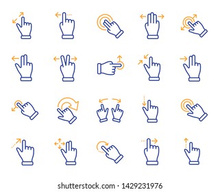 Touchscreen gesture line icons. Hand swipe, Slide gesture, Multitasking icons. Touchscreen technology, tap on screen, drag and drop. Smartphone mobile app or user interface. Vector