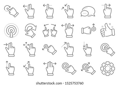 Touchscreen gesture line icons. Hand swipe, Slide gesture, Multitasking icons. Touchscreen technology, tap on screen, drag and drop. Smartphone mobile app or user interface. Line signs set. Vector