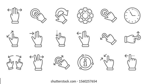 Touchscreen gesture line icons. Hand swipe, Slide gesture, Multitasking icons. Touchscreen technology, tap on screen, drag and drop. Linear set. Quality line set. Vector