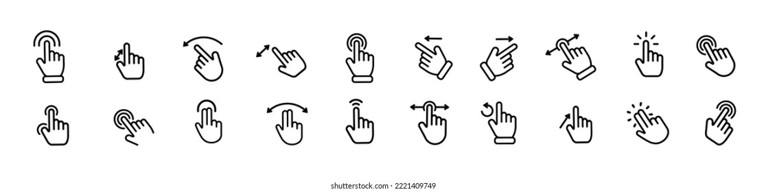 Iconos de la línea de gestos de pantalla táctil. Conjunto de puntas de mano