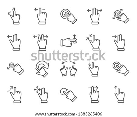 Touchscreen gesture line icons. Hand swipe, Slide gesture, Multitasking icons. Touchscreen technology, tap on screen, drag and drop. Smartphone mobile app or user interface. Vector