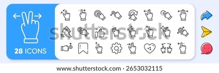 Touchscreen gesture line icons. Interest rate, AI generate, Inflation icons. Hand swipe, Slide gesture, Multitasking icons. Touchscreen technology, tap on screen, drag and drop. Vector