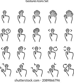 Touchscreen Gesture Line Icons Set. Handschwimmen, Geste schießen, Multitasking-Symbole. Touchscreen-Technologie, Tippen Sie auf den Bildschirm, ziehen Sie die Maus und ziehen Sie sie ab. Lineares Set. Qualitätslinie-Set.
