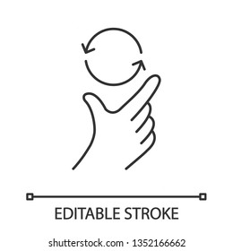 Touchscreen gesture linear icon. Pinch, pan, rotate gesturing. Human hand and fingers. Using sensory devices. Thin line illustration. Contour symbol. Vector isolated outline drawing. Editable stroke