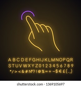 Touchscreen gesture neon light icon. Tap, point, click, drag gesturing. Human hand and fingers. Using sensory devices. Glowing sign with alphabet, numbers and symbols. Vector isolated illustration