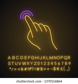 Touchscreen gesture neon light icon. Tap, point, click, double tap, drag, double click gesturing. Using sensory devices. Glowing sign with alphabet, numbers and symbols. Vector isolated illustration