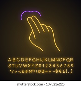 Touchscreen gesture neon light icon. Tap, point, click, double tap, drag, double click gesturing. Using sensory devices. Glowing sign with alphabet, numbers and symbols. Vector isolated illustration