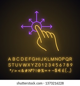 Touchscreen gesture neon light icon. Tap, point, click, drag gesturing. Drag finger all directions. Using sensory devices. Glowing sign with alphabet, numbers and symbols. Vector isolated illustration