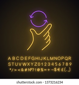 Touchscreen gesture neon light icon. Pinch and pan, rotate, zoom gesturing. Human hand and fingers. Using sensory devices. Glowing sign with alphabet, numbers and symbols. Vector isolated illustration